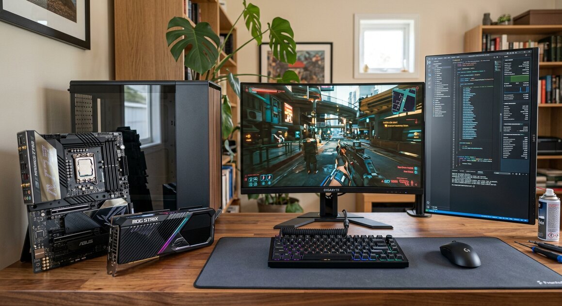 Verschiedene IT-Hardware und Zubehör auf einem Tisch