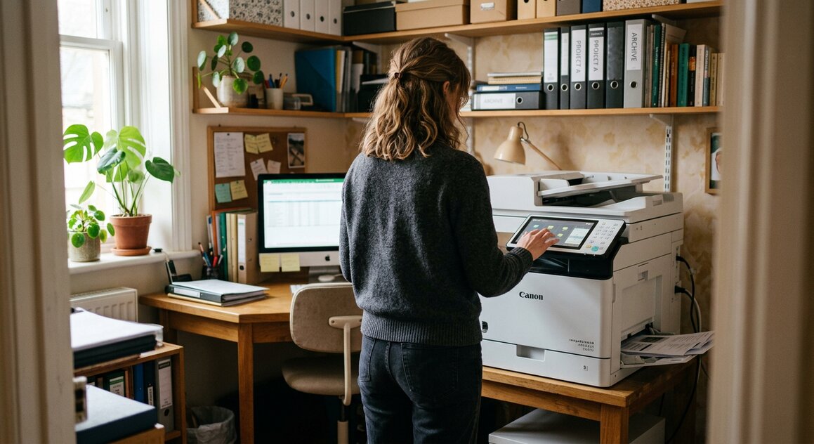 Weißer Drucker in einem Homeoffice
